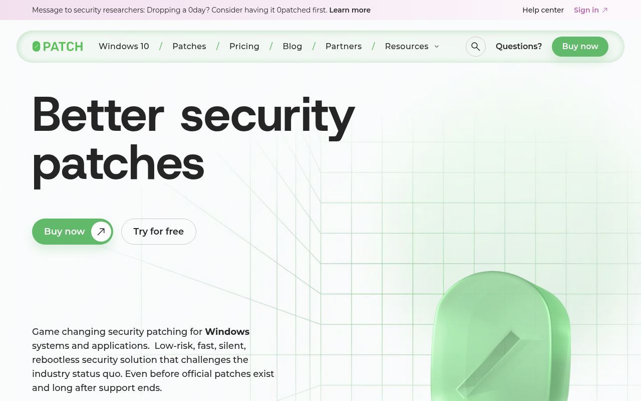 Homepage screenshot of 0patch.com