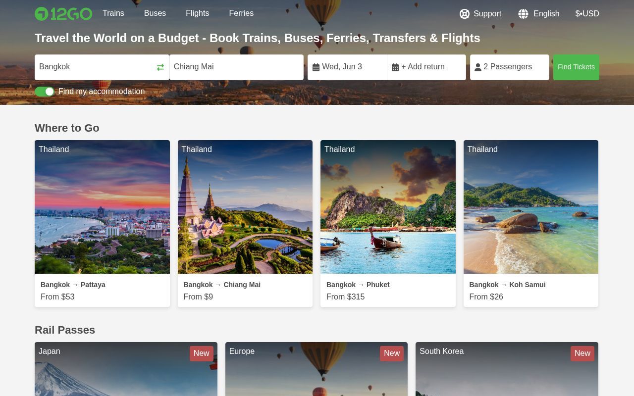 Homepage screenshot of 12go.com