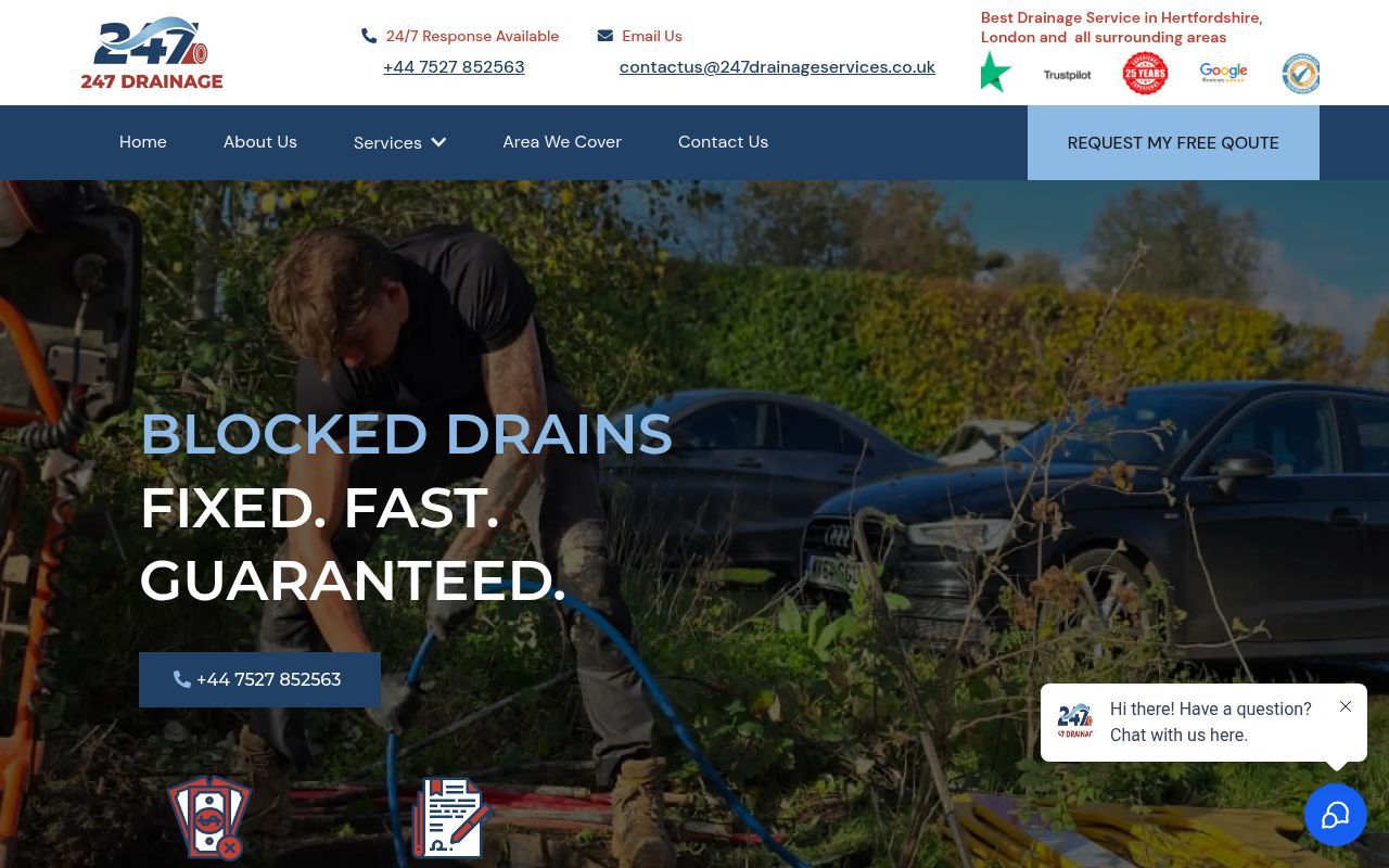 Homepage screenshot of 247drainageservices.co.uk