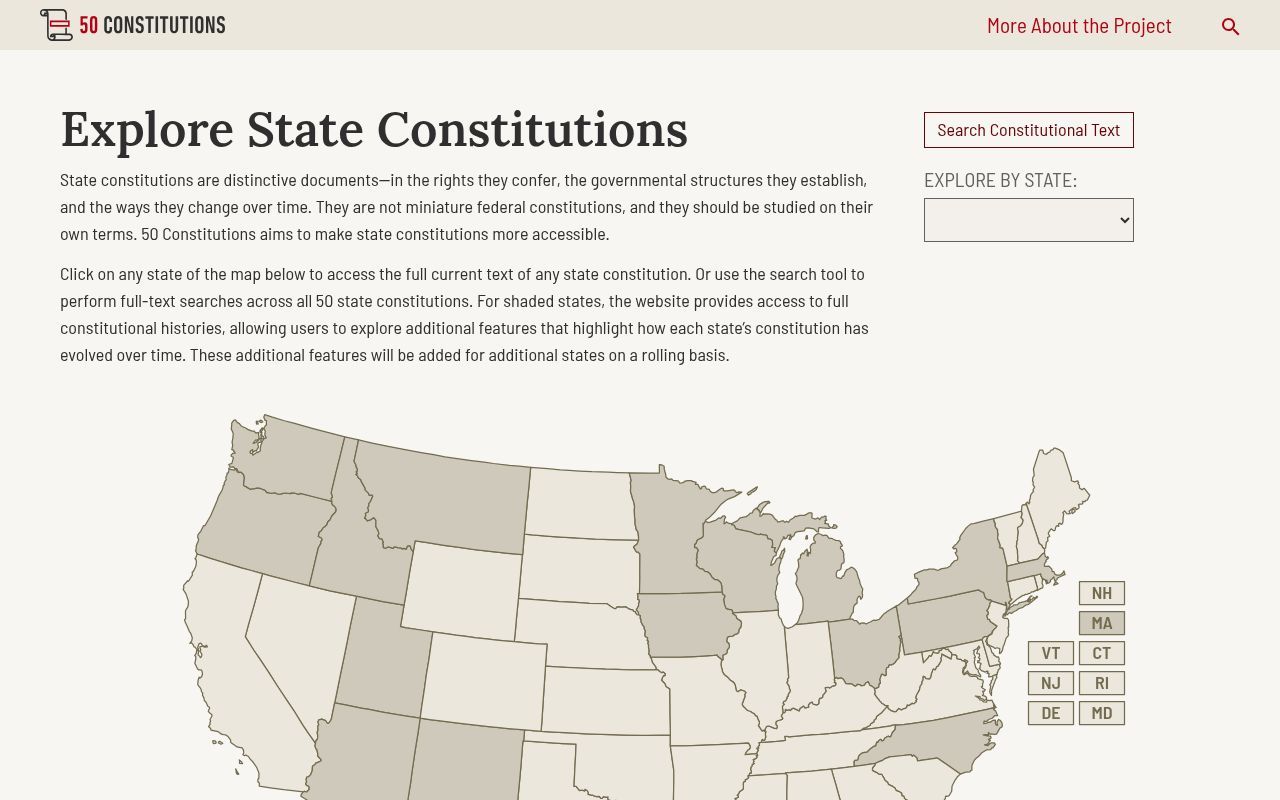 Homepage screenshot of 50constitutions.org