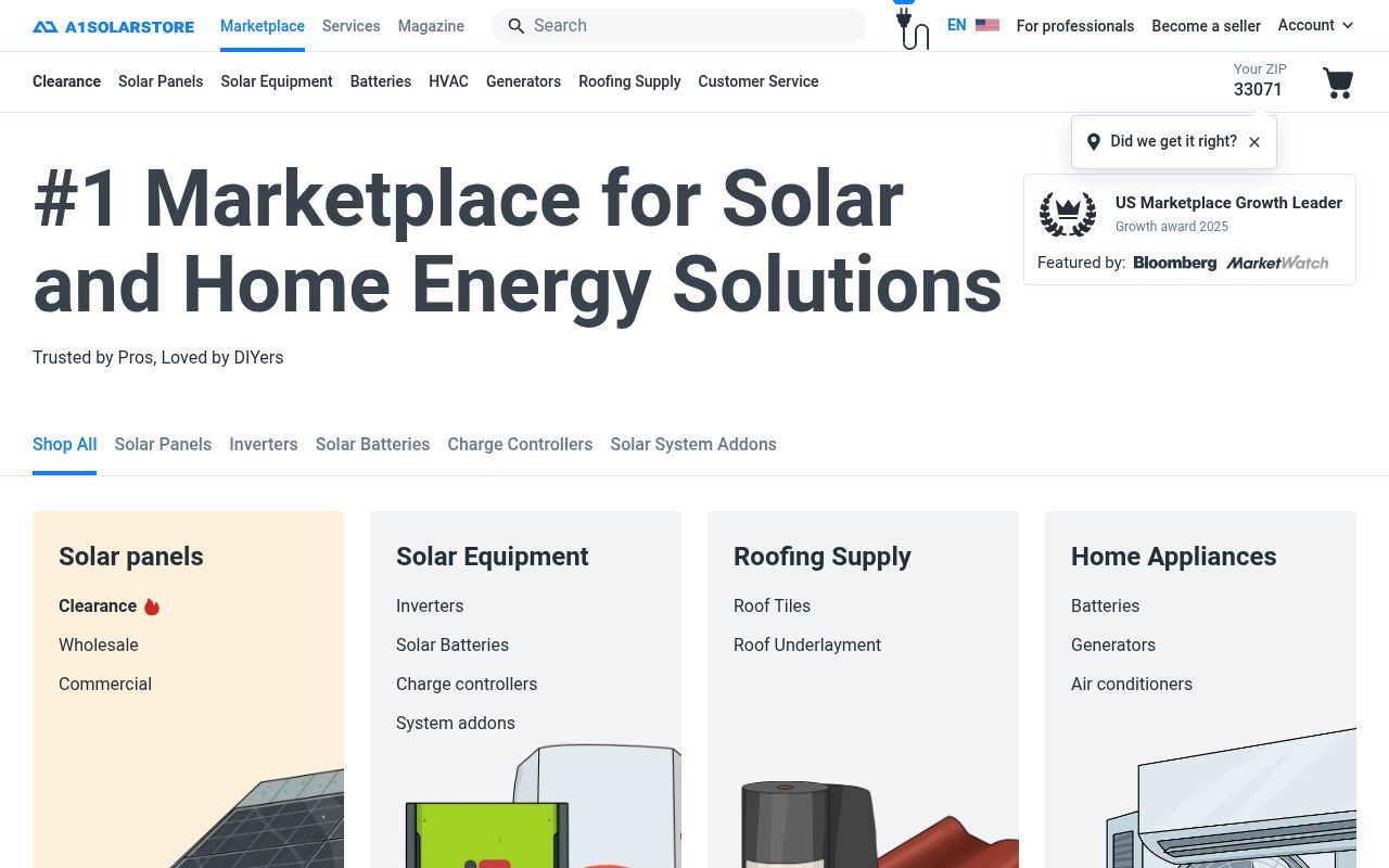 Homepage screenshot of a1solarstore.com