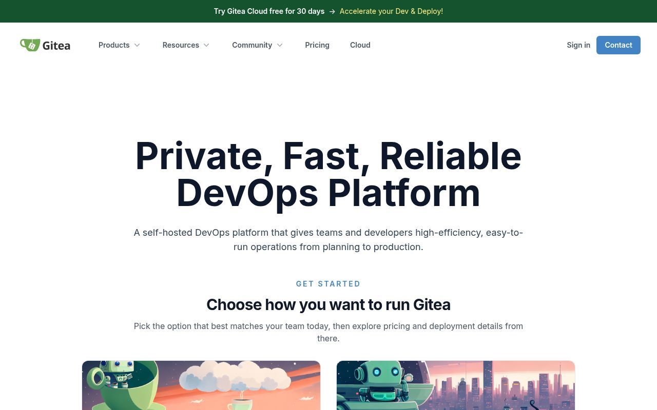 Homepage screenshot of about.gitea.com