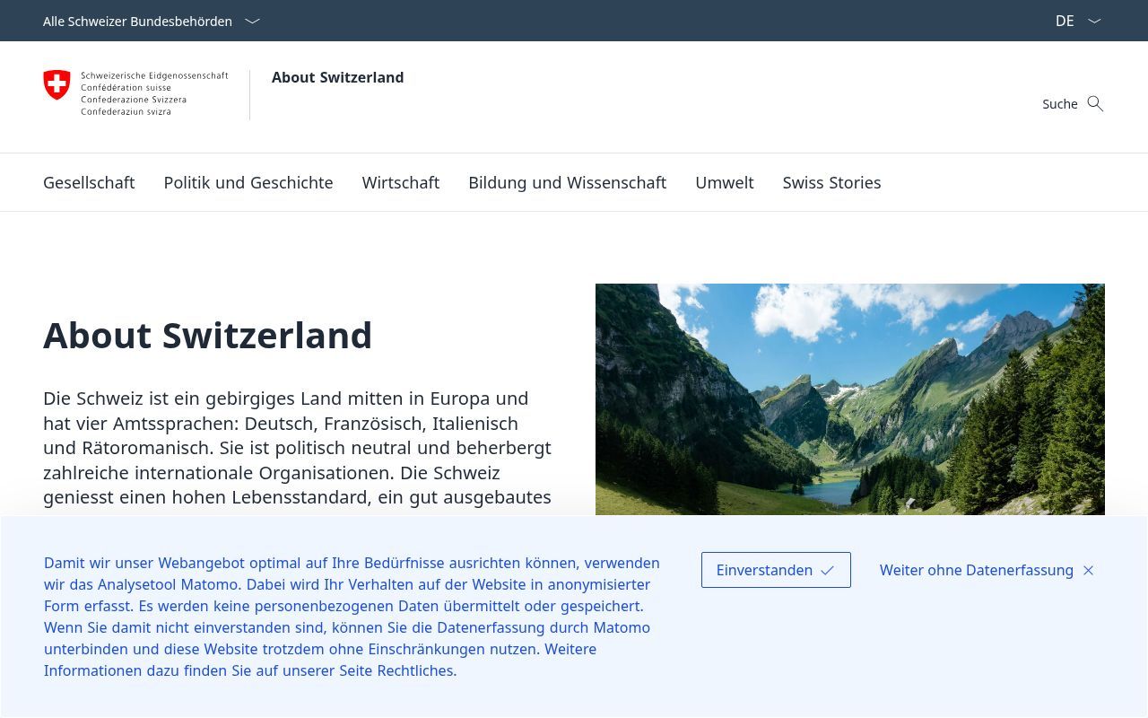Homepage screenshot of aboutswitzerland.eda.admin.ch