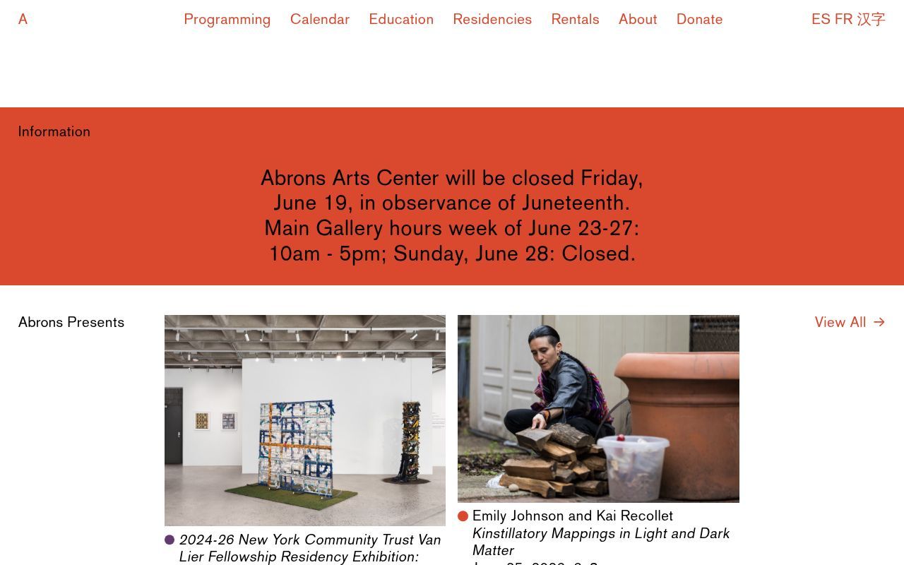 Homepage screenshot of abronsartscenter.org
