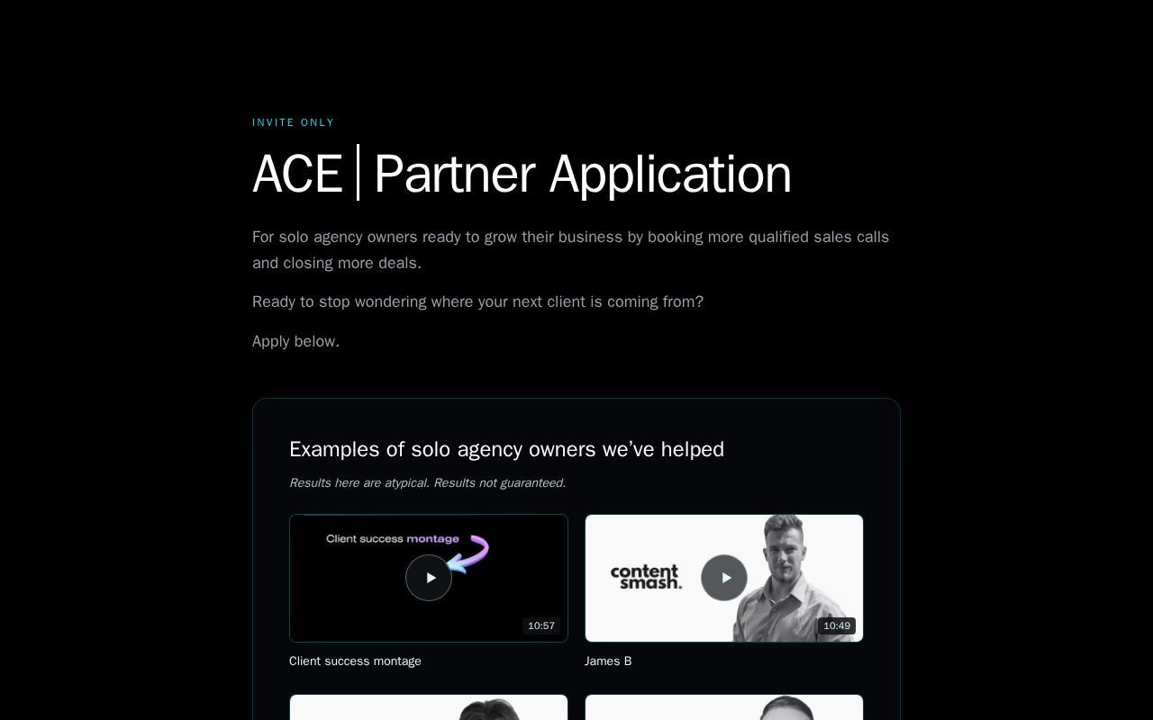 Homepage screenshot of aceclients.com