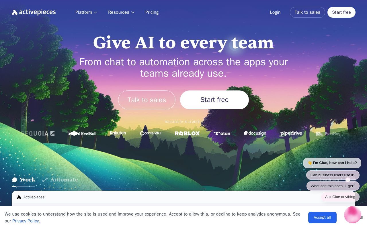 Homepage screenshot of activepieces.com