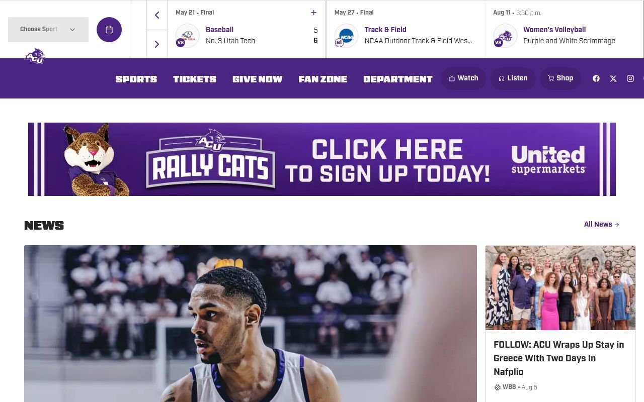Homepage screenshot of acusports.com