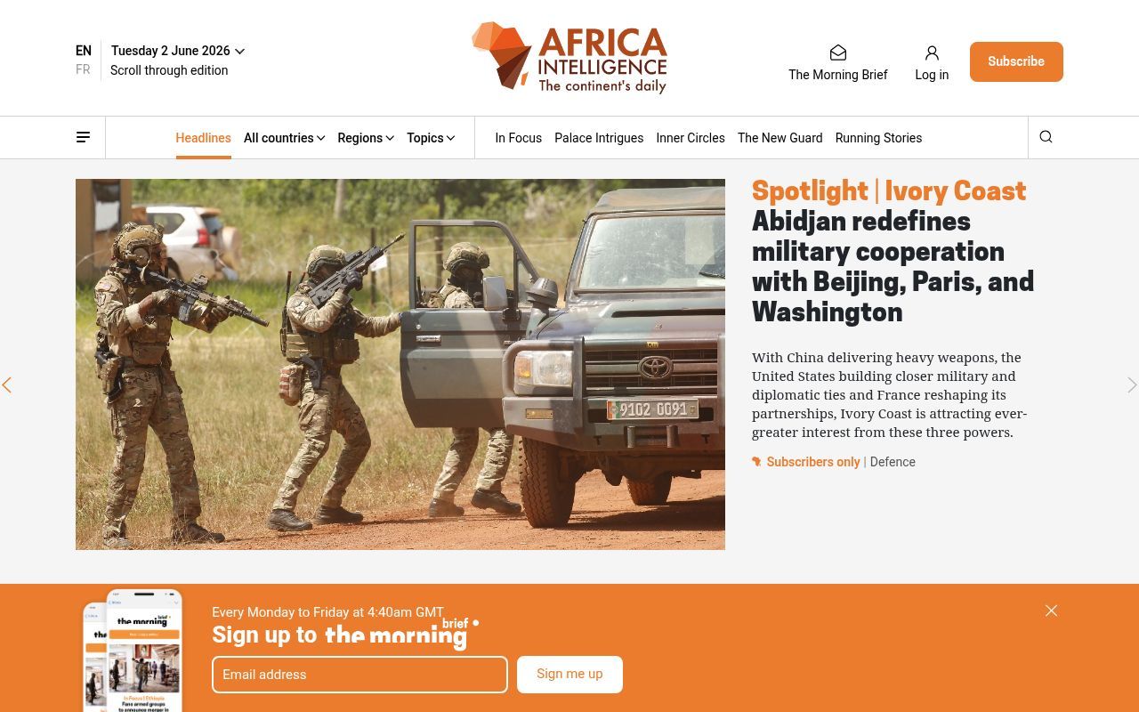 Homepage screenshot of africaintelligence.com