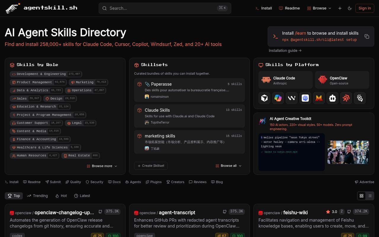 Homepage screenshot of agentskill.sh