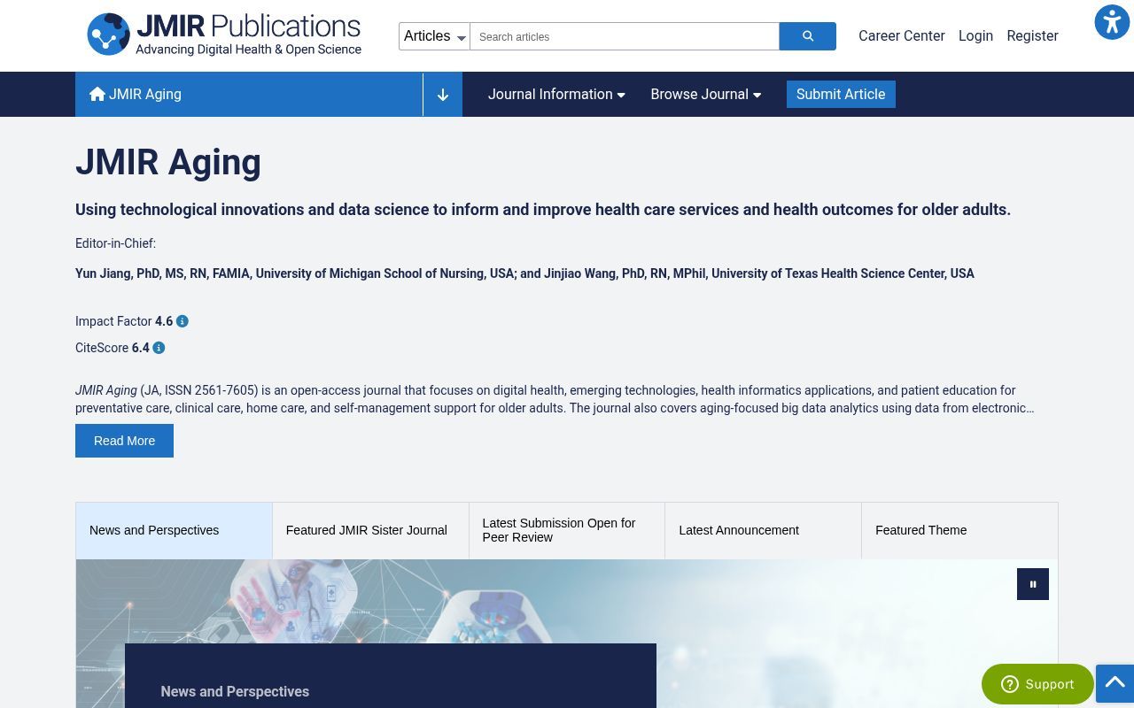 Homepage screenshot of aging.jmir.org