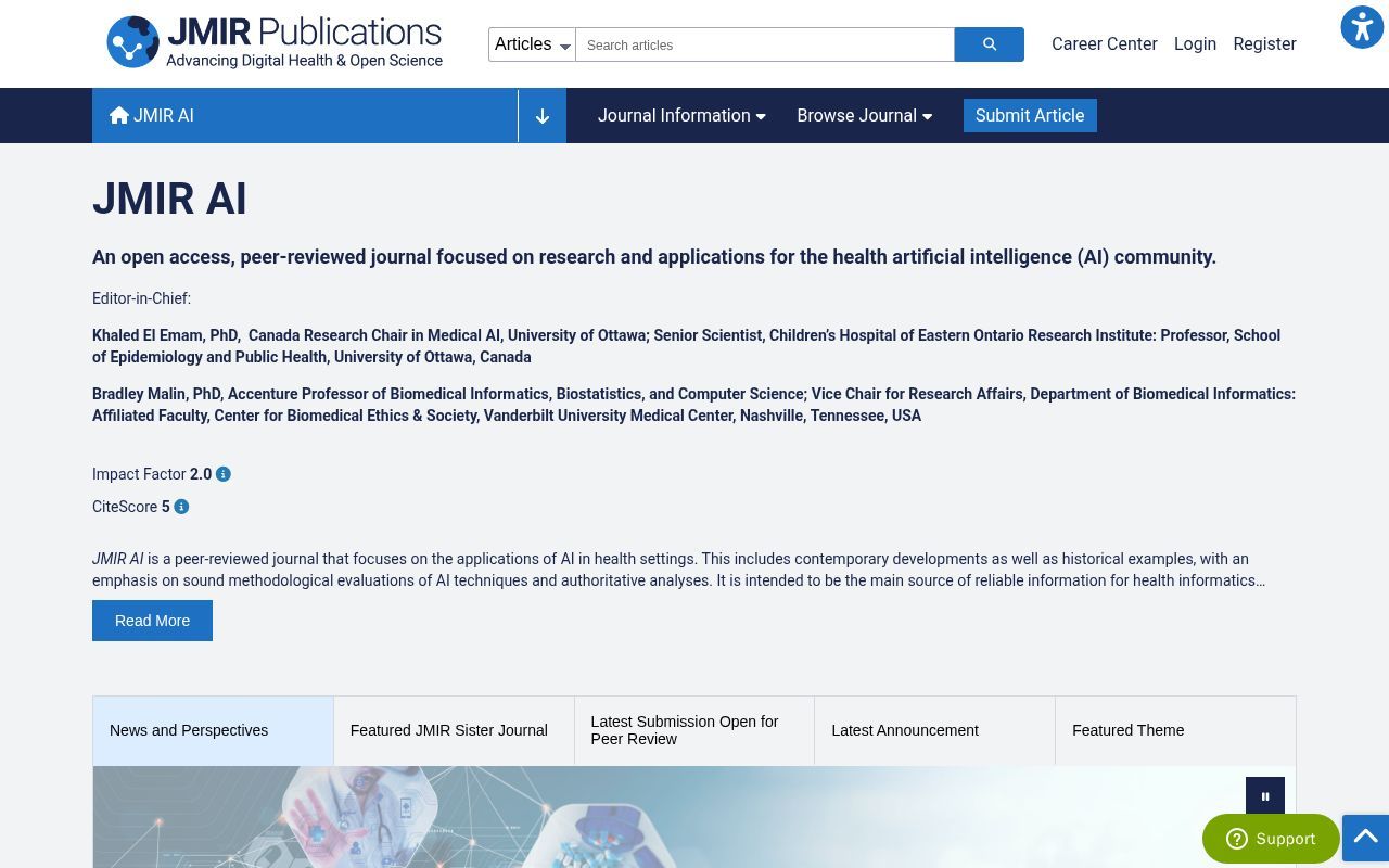 Homepage screenshot of ai.jmir.org