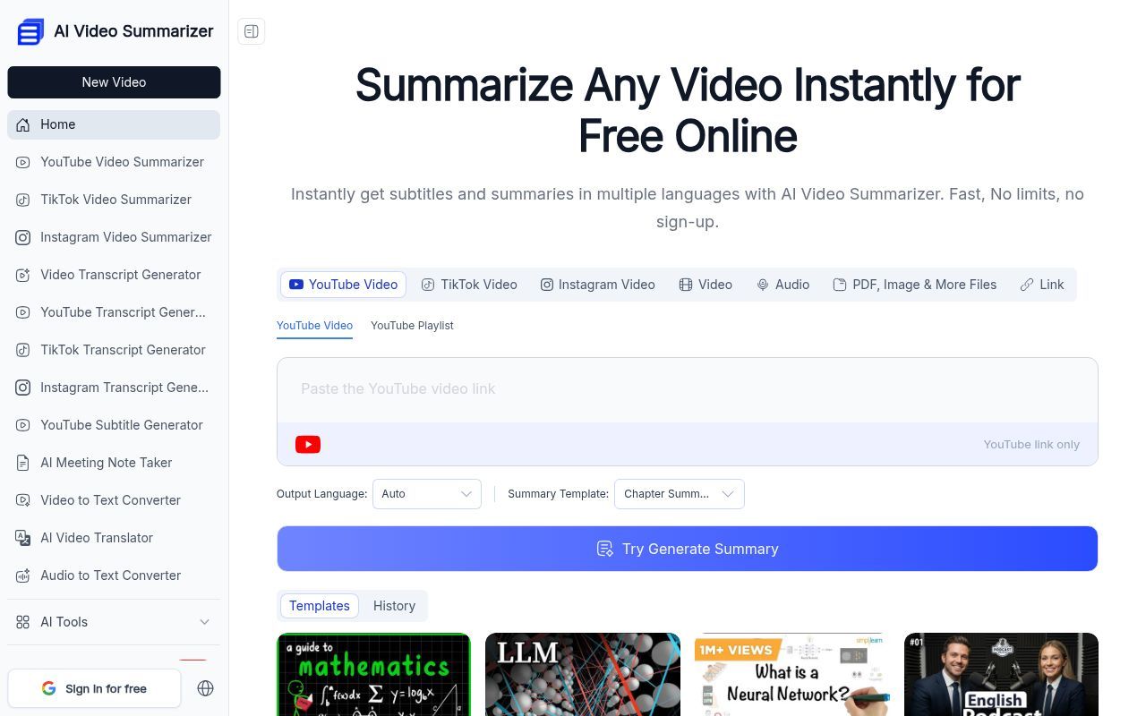 Homepage screenshot of aivideosummarizer.io
