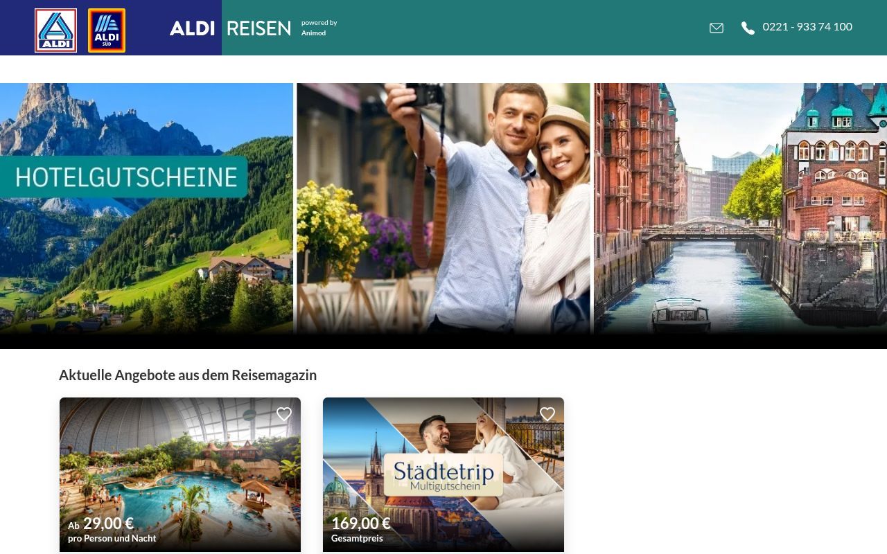 Homepage screenshot of aldi-reisen.animod.de