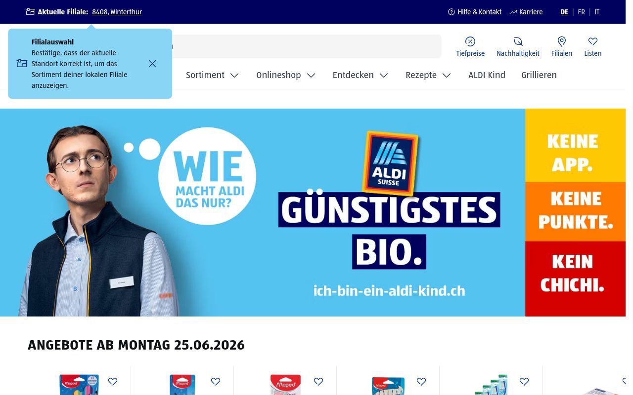 Homepage screenshot of aldi-suisse.ch