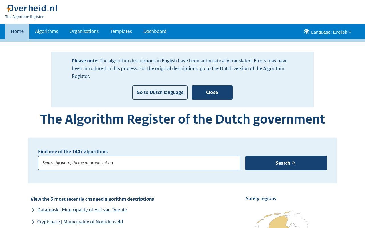 Homepage screenshot of algoritmes.overheid.nl