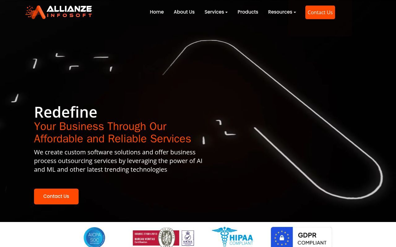 Homepage screenshot of allianzeinfosoft.com