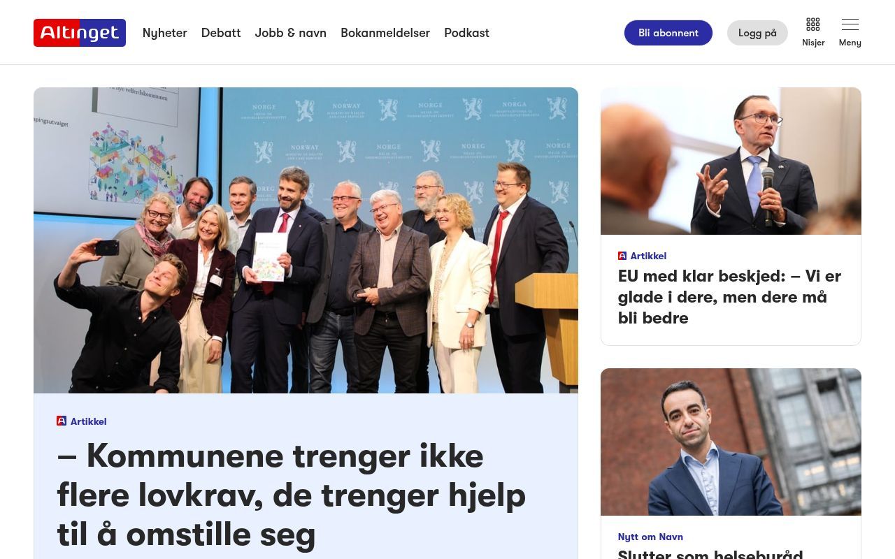 Homepage screenshot of altinget.no