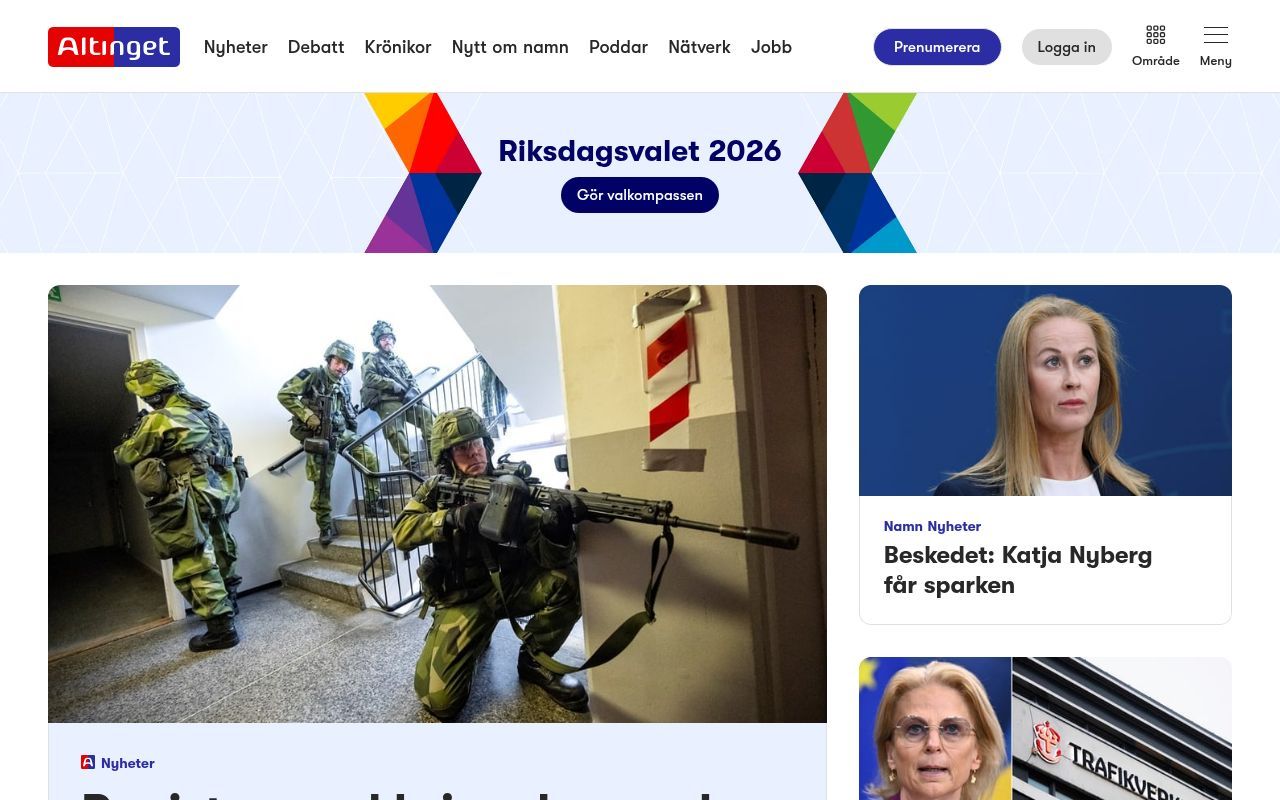 Homepage screenshot of altinget.se