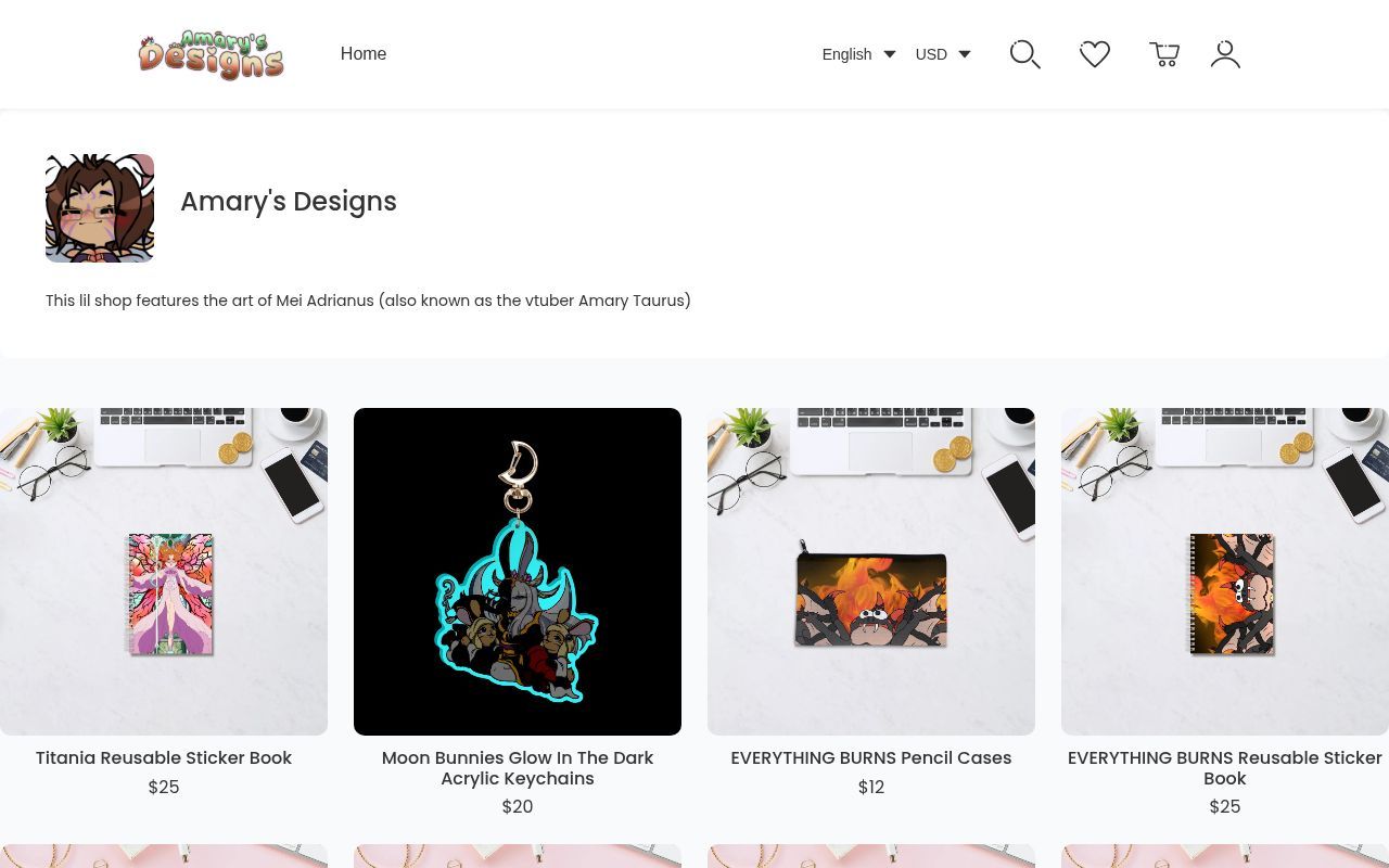Homepage screenshot of amarysdesigns.artiststore.com