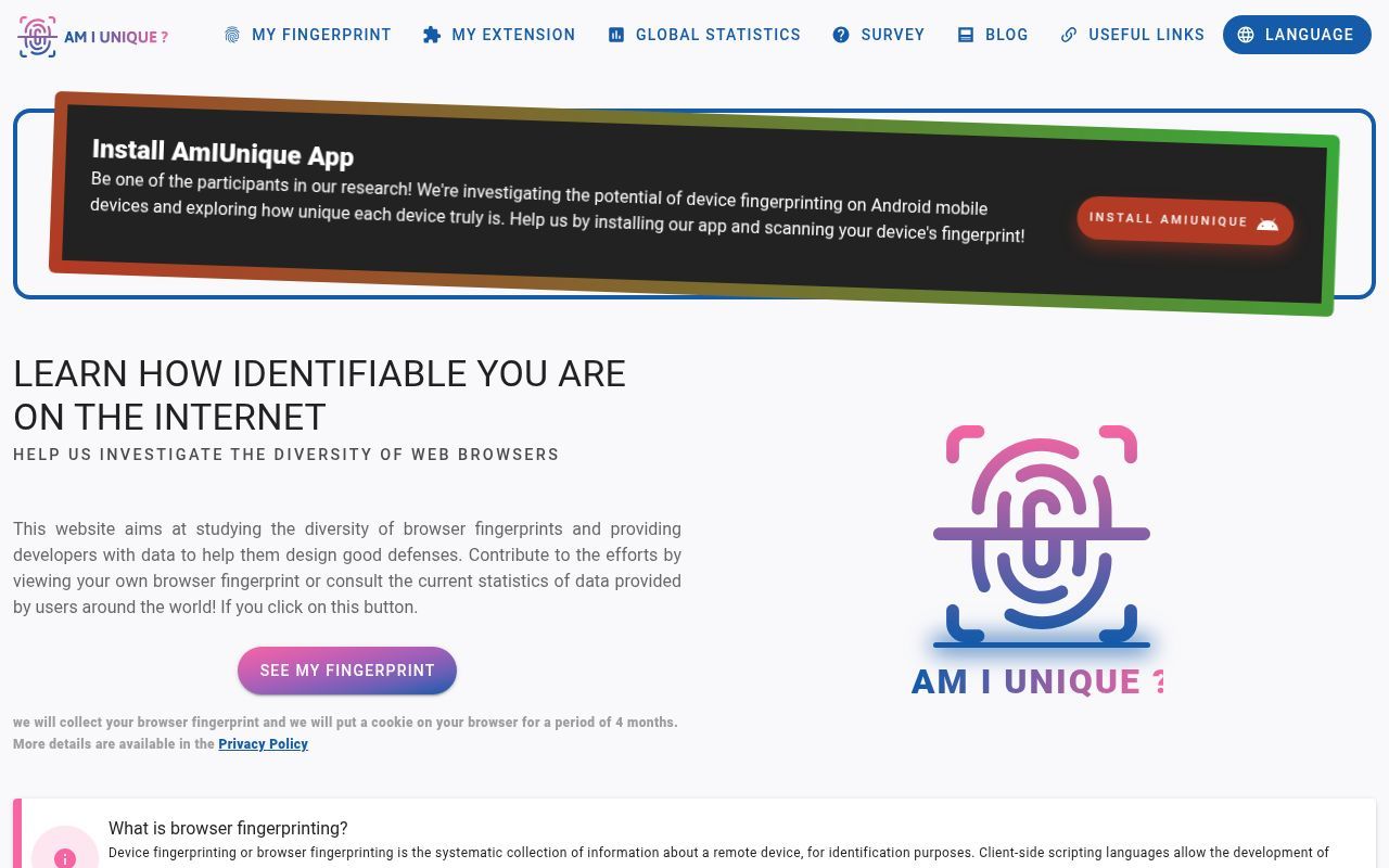 Homepage screenshot of amiunique.org