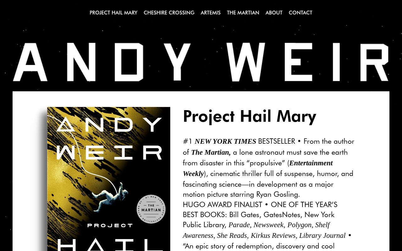 Homepage screenshot of andyweirauthor.com