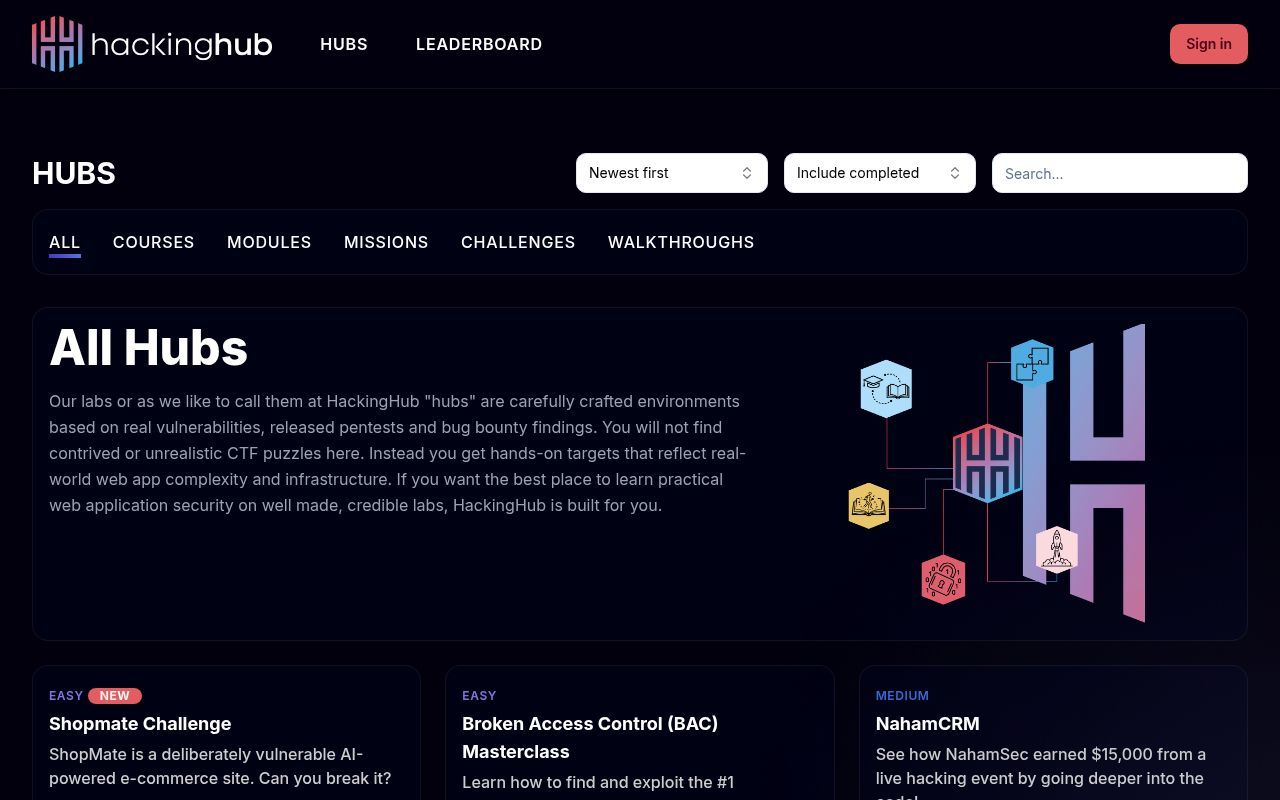 Homepage screenshot of app.hackinghub.io
