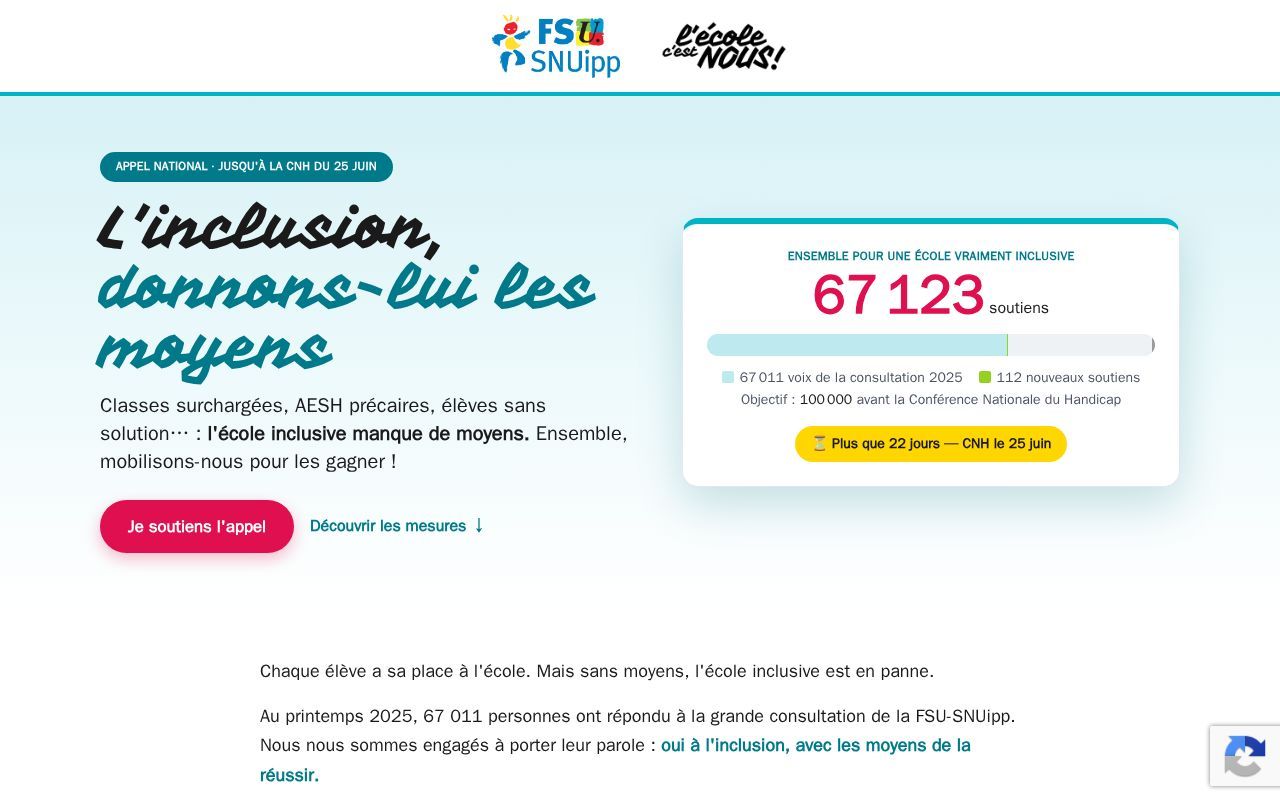 Homepage screenshot of appel-inclusion.fsu-snuipp.fr