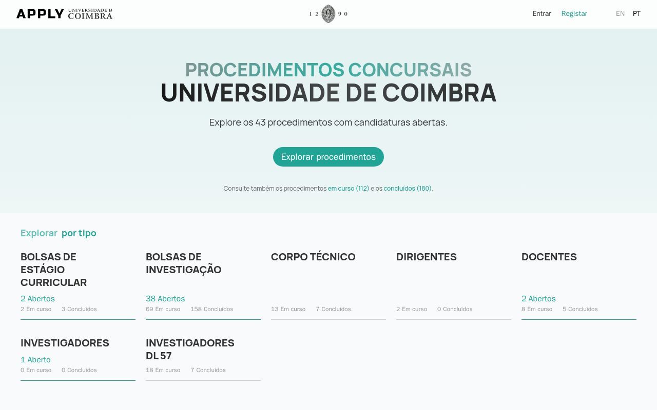 Homepage screenshot of apply.uc.pt