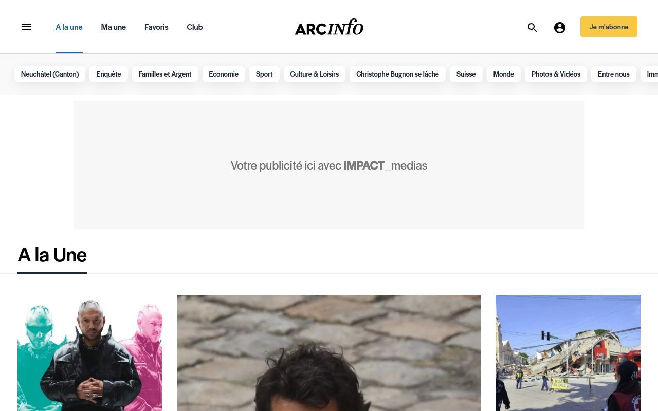 Homepage screenshot of arcinfo.ch