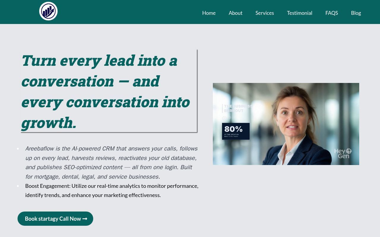 Homepage screenshot of areebaflow.com