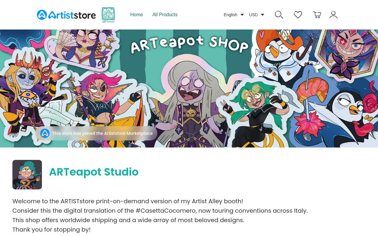 Homepage screenshot of arteapotstudio.artiststore.com
