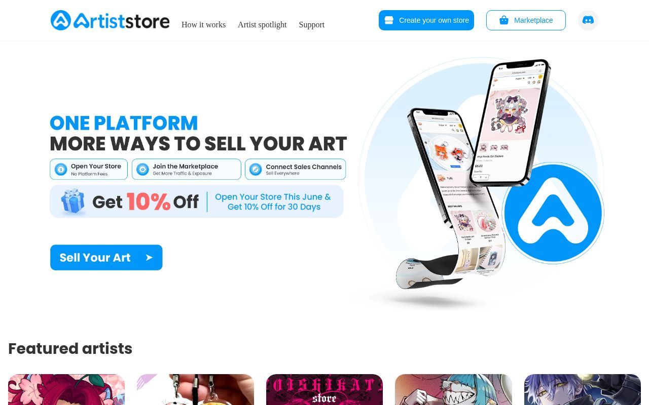Homepage screenshot of artiststore.com