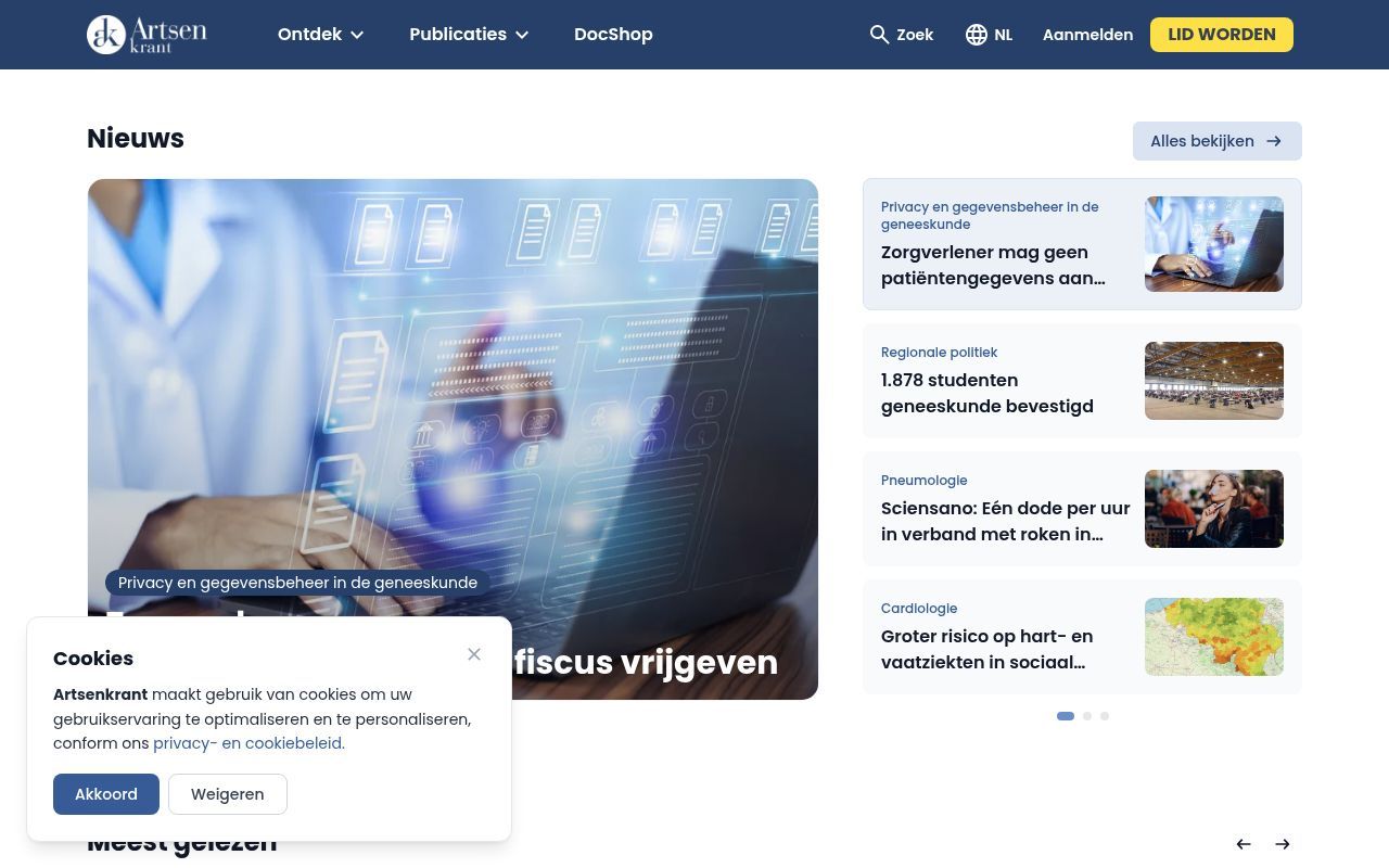 Homepage screenshot of artsenkrant.pmg.be