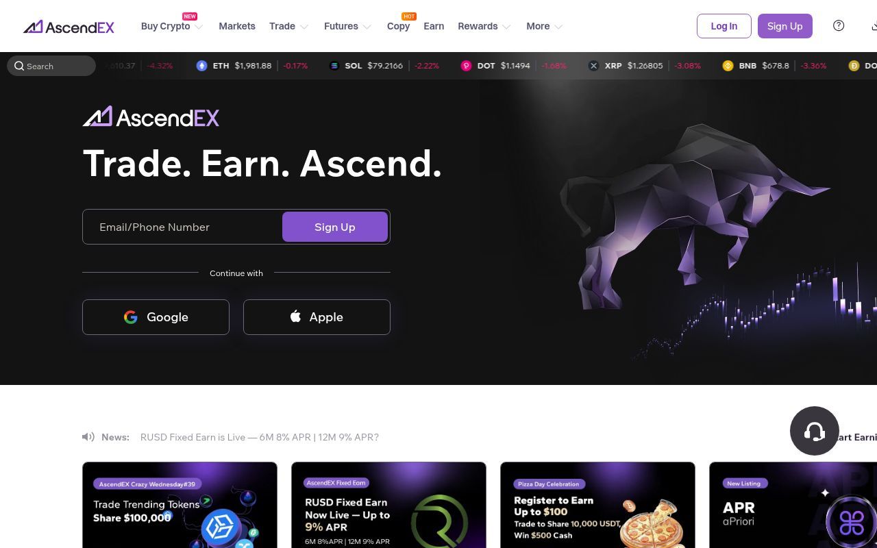 Homepage screenshot of ascendex.com