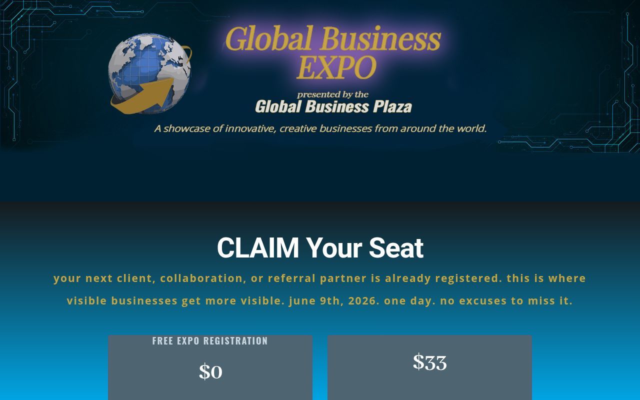 Homepage screenshot of attend.globalbusinessplaza.com