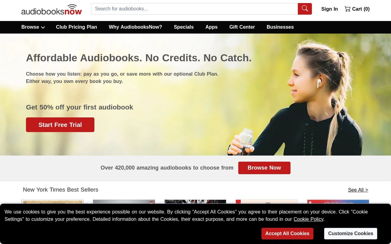 Homepage screenshot of audiobooksnow.com