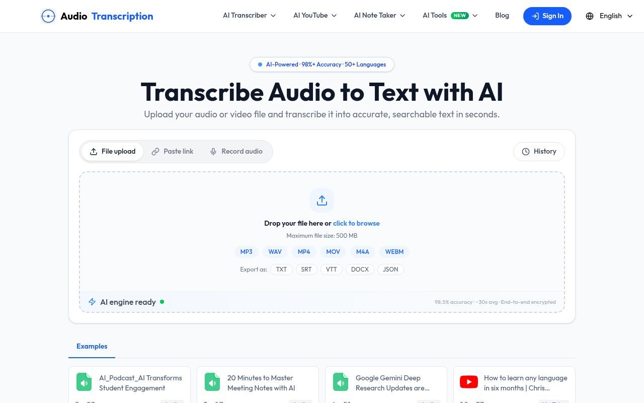 Homepage screenshot of audiotranscription.io