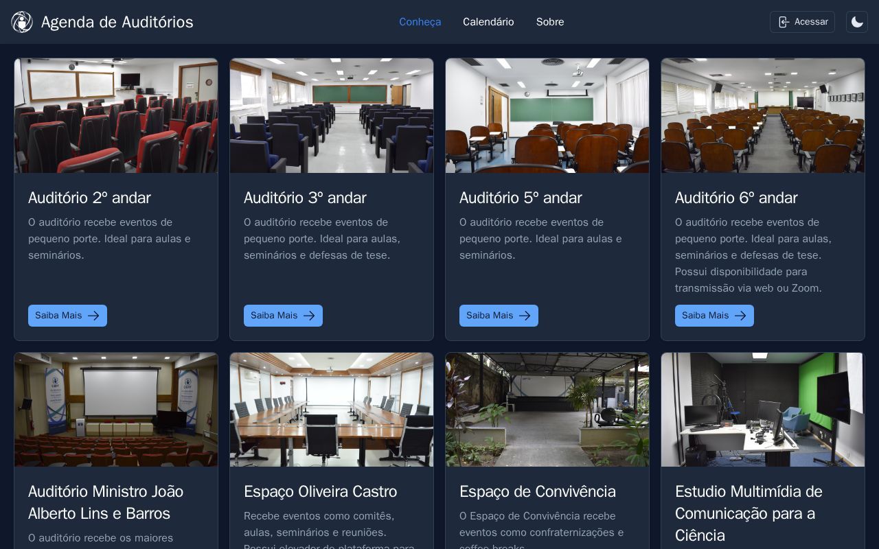 Homepage screenshot of auditorios.cbpf.br