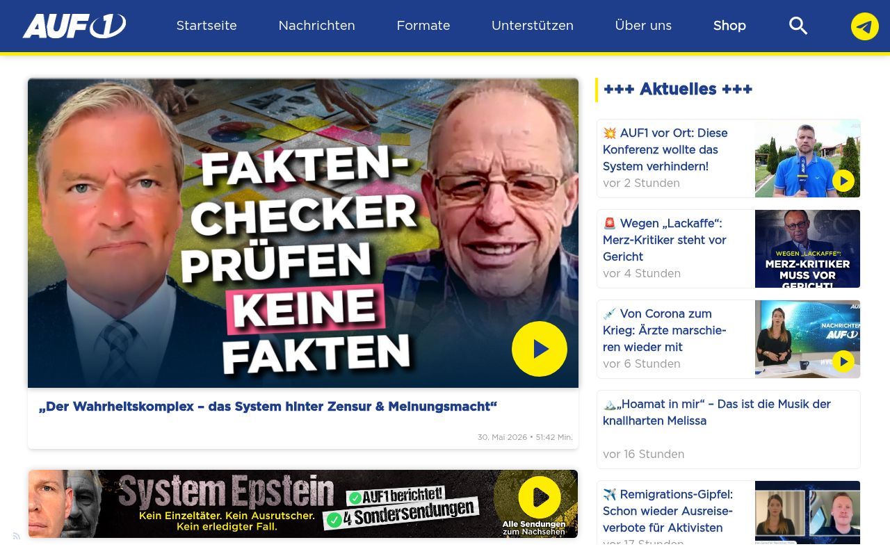 Homepage screenshot of auf1.tv