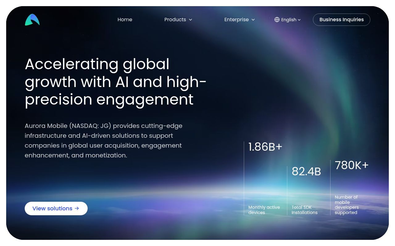 Homepage screenshot of aurora-mobile.com