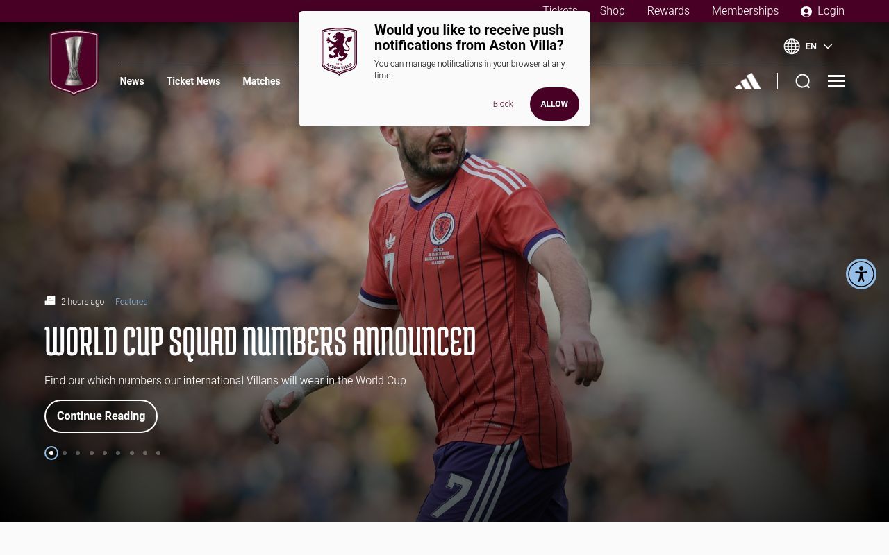 Homepage screenshot of avfc.co.uk