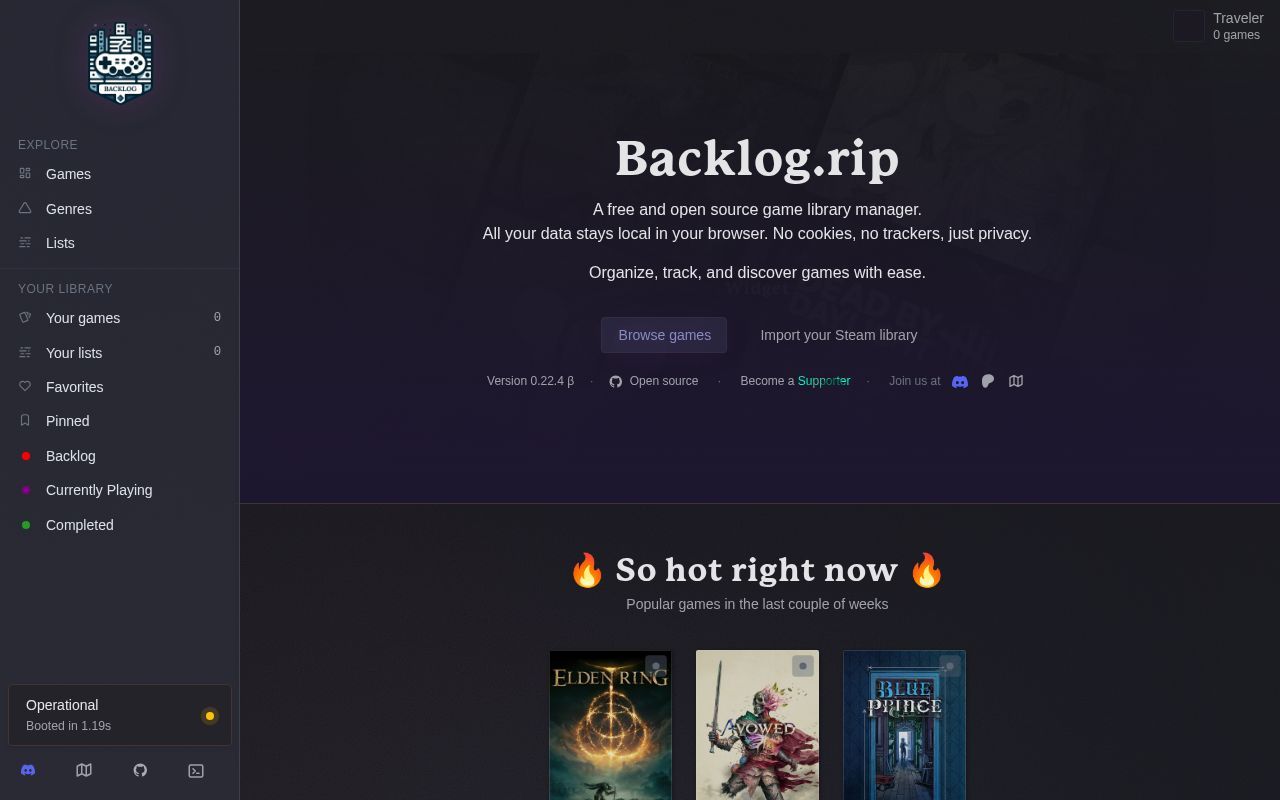 Homepage screenshot of backlog.rip