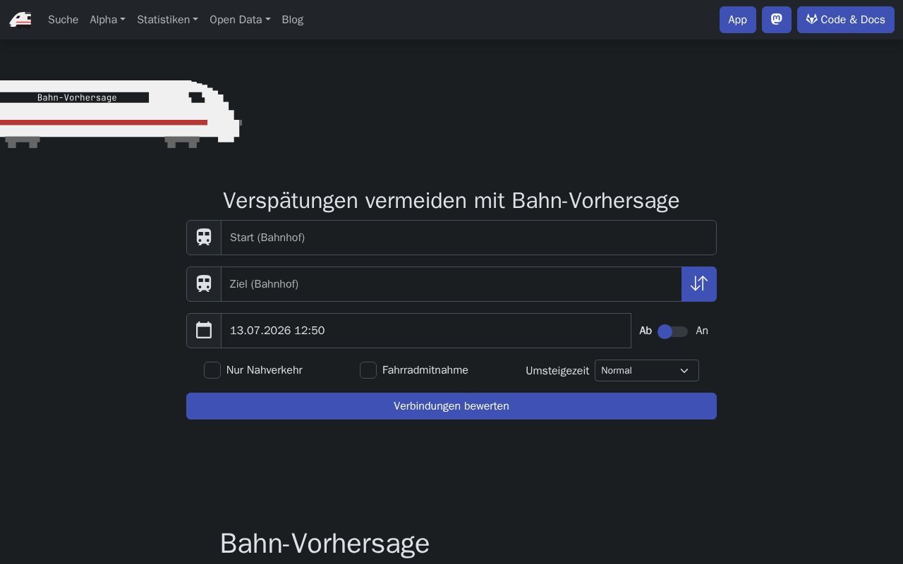 Homepage screenshot of bahnvorhersage.de