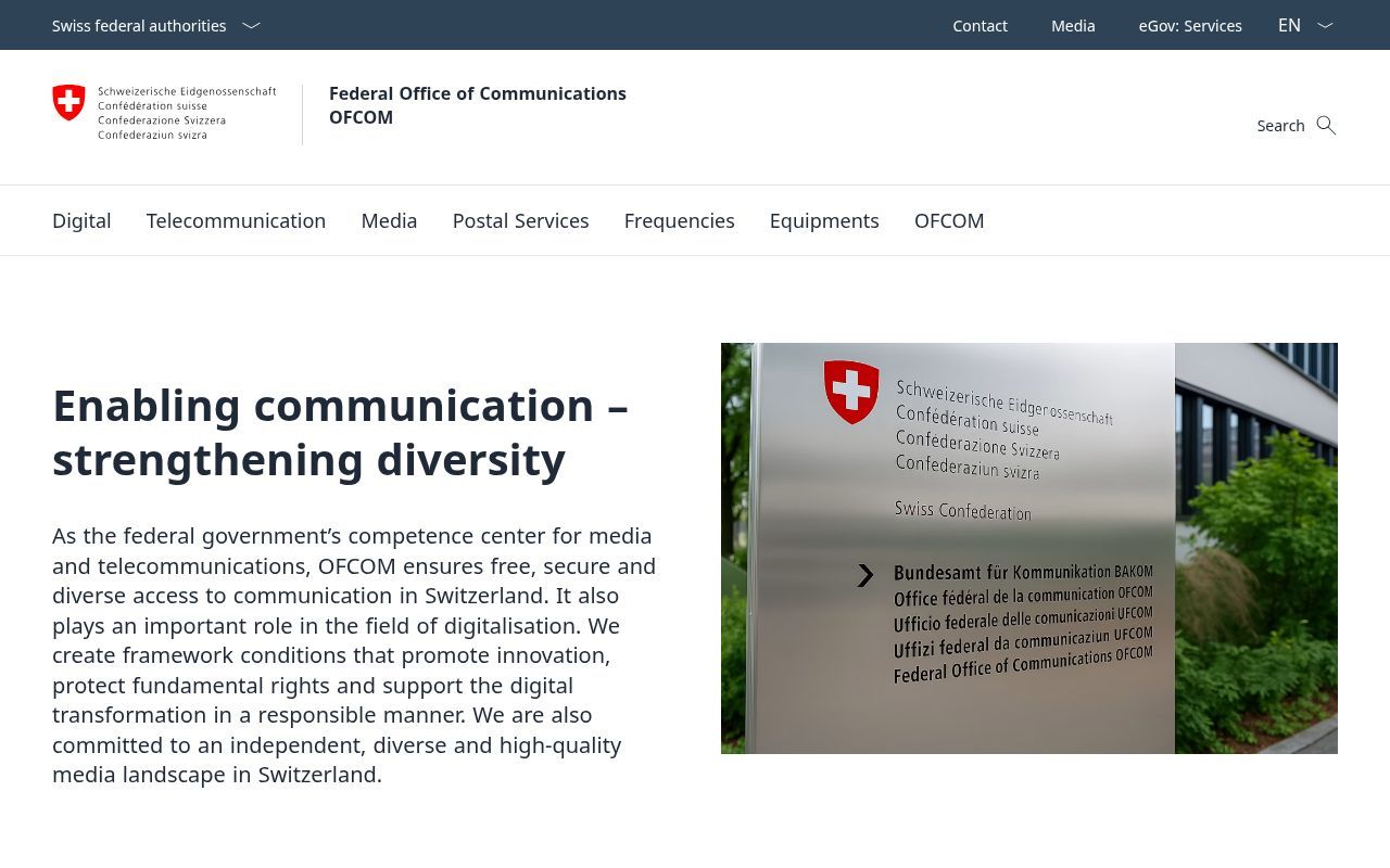 Homepage screenshot of bakom.admin.ch