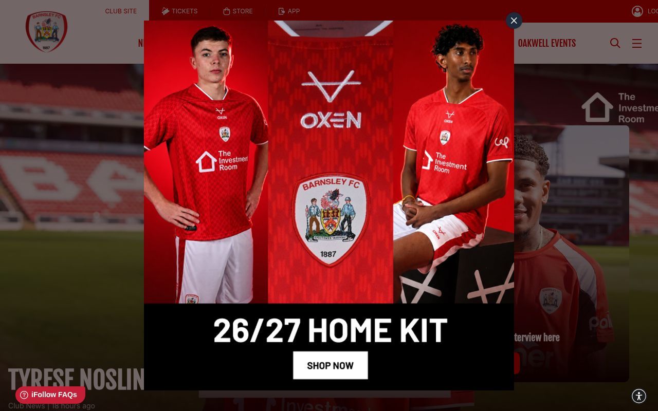 Homepage screenshot of barnsleyfc.co.uk