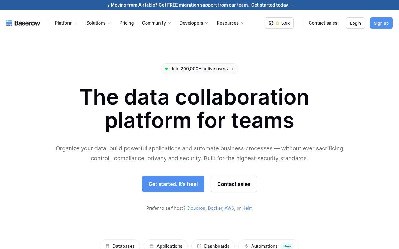 Homepage screenshot of baserow.io