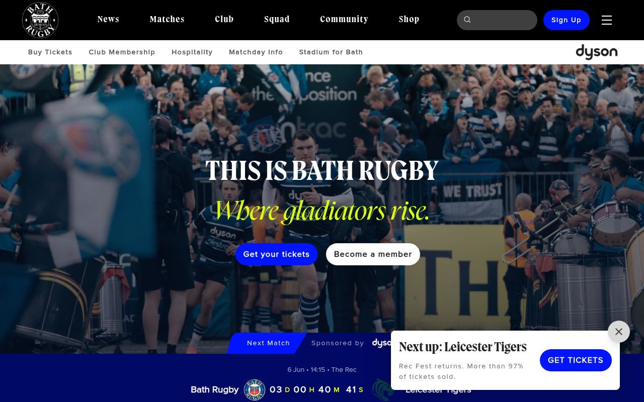 Homepage screenshot of bathrugby.com