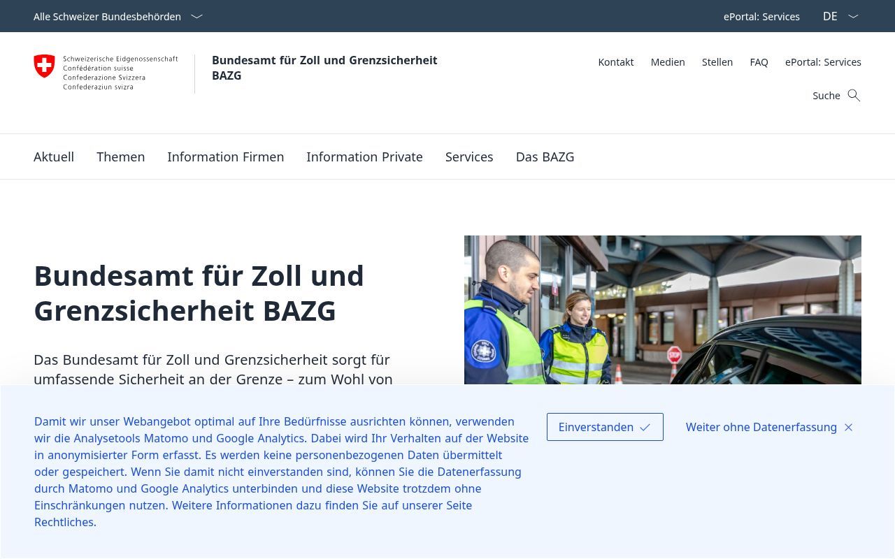 Homepage screenshot of bazg.admin.ch