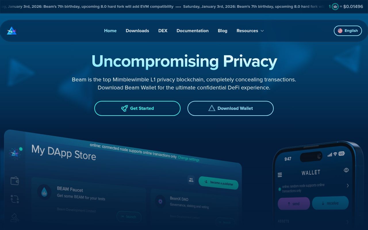 Homepage screenshot of beam.mw