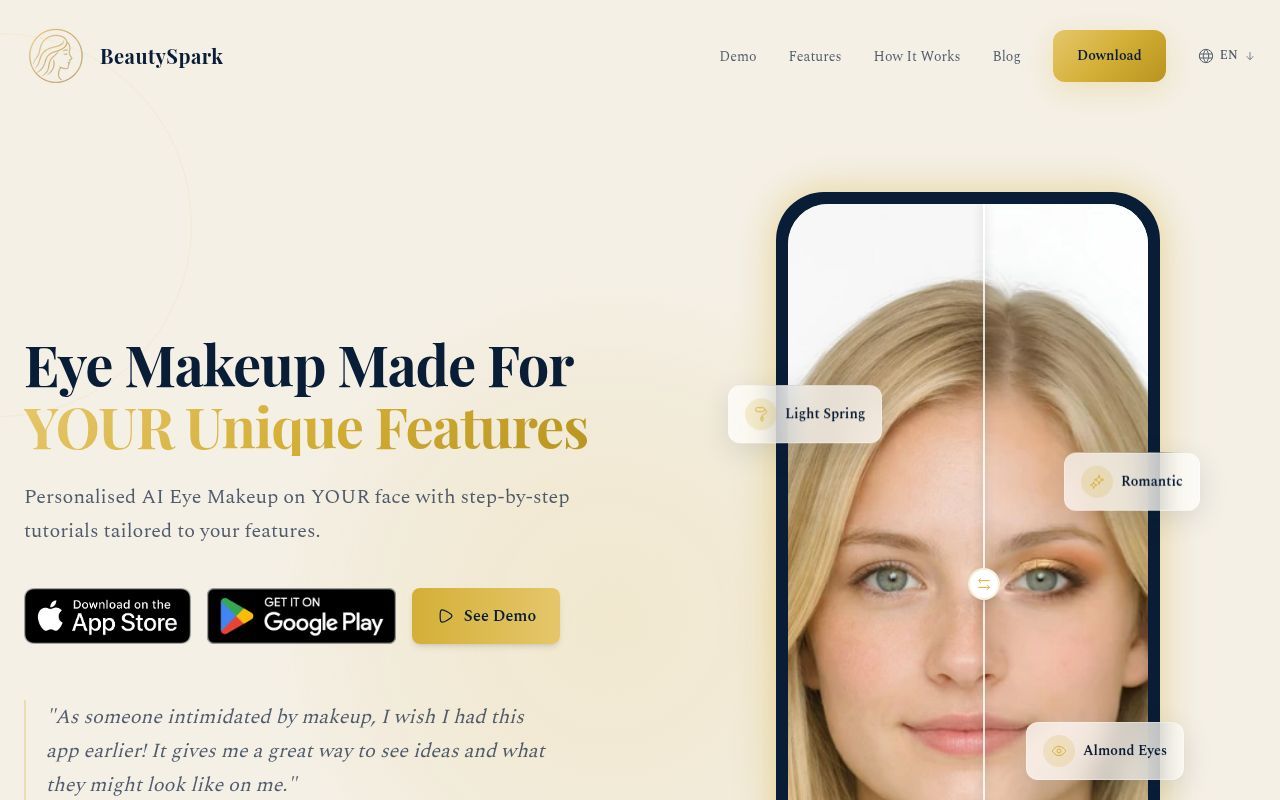 Homepage screenshot of beautyspark.me
